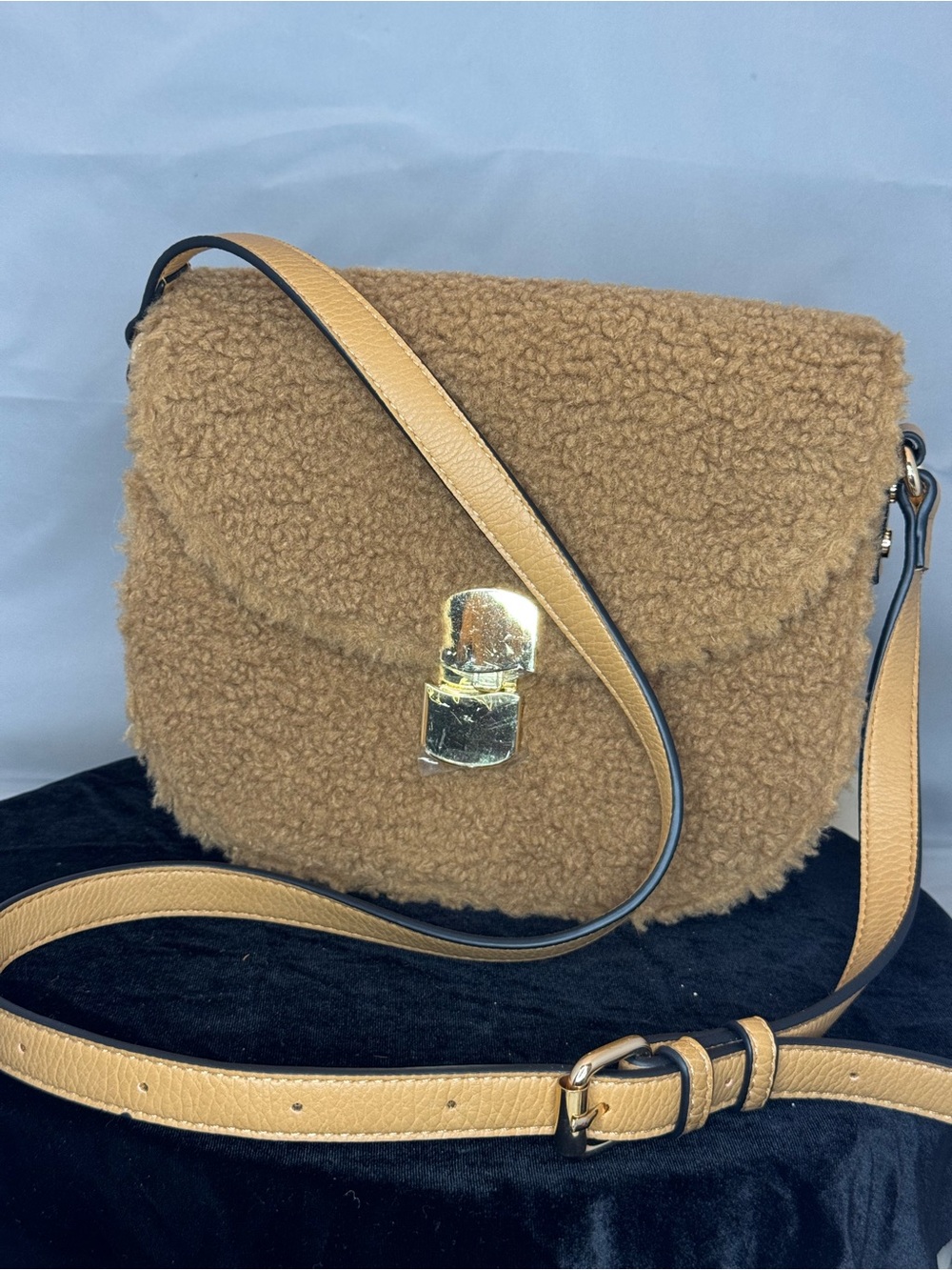 Poppy & Peonies Tan Sherpa Crossbody with Gold Clasp Teddy Bear